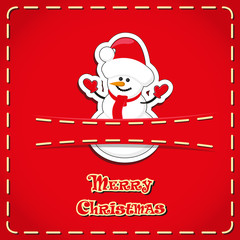 Vector banner: cute figurines snowman in red jeans pocket and hand drawn text Merry Christmas 