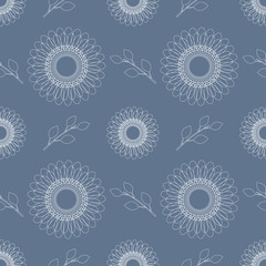 Seamless flower vector pattern; symmetrical abstract background with flowers and leaves; over blue backdrop