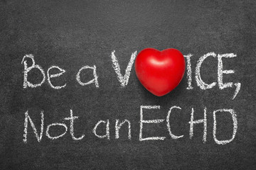 be a voice, not an echo phrase phrase handwritten on blackboard with heart symbol instead O