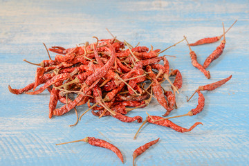 Red Chilli on blue wooden floor.