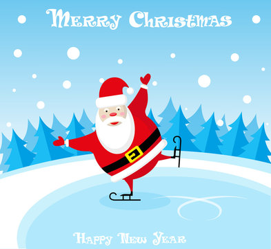 Vector banner funny santa claus in skates at the ice rink on blue background