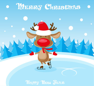 Vector banner funny deer in santa claus hat and skates at the ice rink on blue background