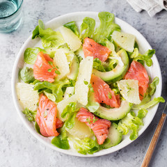 Smoked salmon salad with mixed greens, avocado,grapefruit.