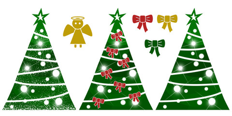 3 isolierte Christbäume und Dekoration