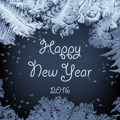 Frosty Window - greeting card.
Hand drawn vector illustration of intricate frost-work on blue background.