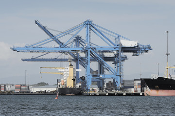 Fototapeta na wymiar Large harbor cranes at the commercial dock in Panama city