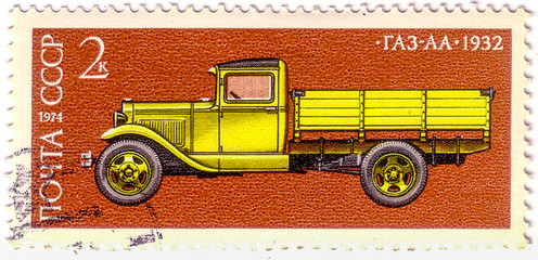 USSR - CIRCA 1974: Postage stamp printed in USSR. Shows historic car ZIS-5 Soviet cargo truck with...