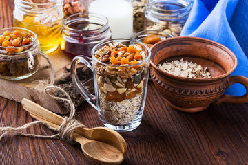 Healthy morning muesli in glass cup