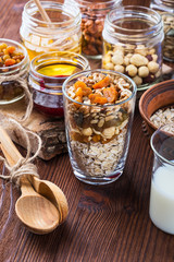 Healthy morning muesli in glass cup