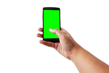 Asian male hand holding and touching on mobile smartphone with blank screen. Isolated on white background.