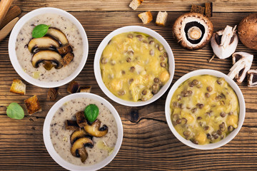 Homemade brown lentil soup with chickpeas and  mushroom soup 