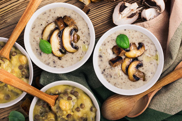Homemade brown lentil soup with chickpeas and  mushroom soup 