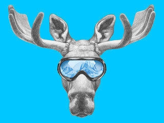 Fototapeta premium Portrait of Moose with ski goggles. Hand drawn illustration.