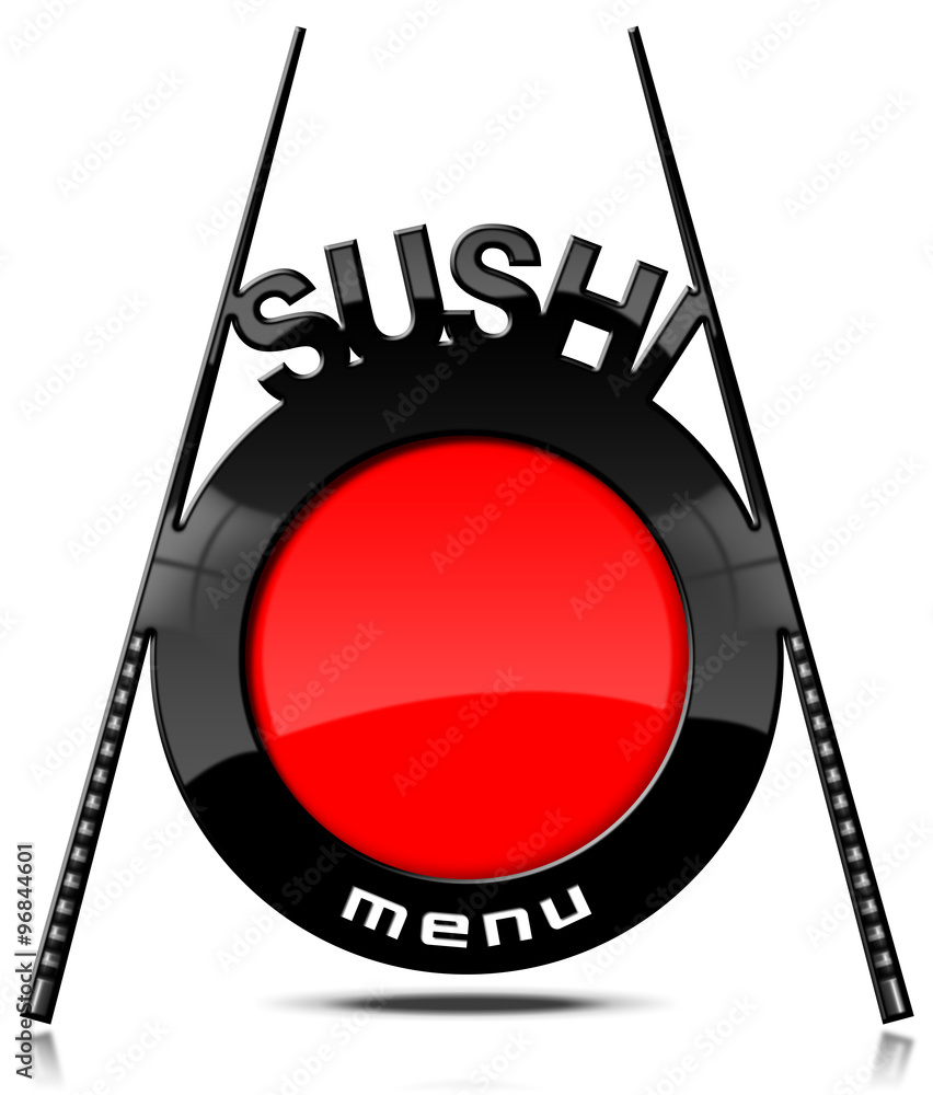 Poster sushi menu - banner with chopsticks / red and black banner with chopsticks and text sushi and menu. 