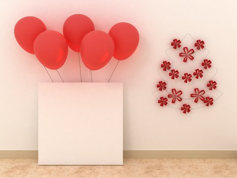 Empty picture frames in modern interior background on the white brick wall with rustic wooden floor with balloons. New Year and christmas concept. Copy space image.