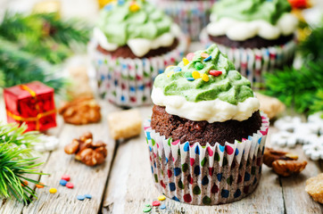 Chocolate cupcakes with green frosting and sprinkles on holiday