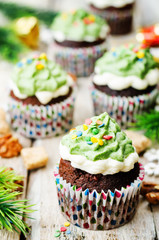 Chocolate cupcakes with green frosting and sprinkles on holiday
