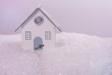 Idyllic house covered by Snow. Winter, New year decoration.  Christmas background