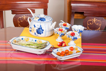 set of cooking utensils and table for food