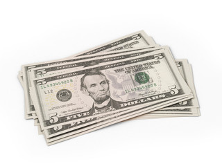 several five dollar bills on a white background