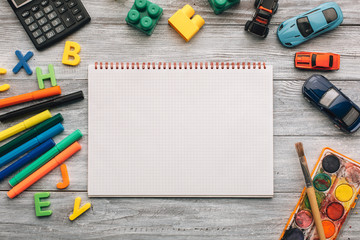 School supplies and blank notebook