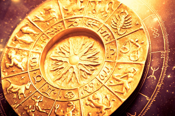 a golden zodiac plate with all signs