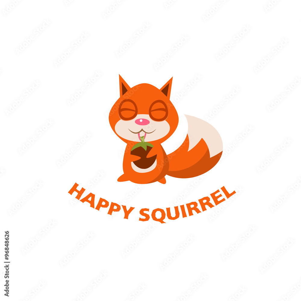 Sticker happy squirrel with walnut sits. vector illustration