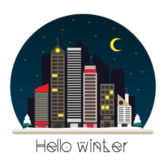 City at night vector illustration in flat style design. Winter town skyline, apartment buildings