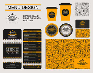 Template for branding identity restaurant or cafe. Set of menu, business cards, labels. Bright design concept in black and yellow.