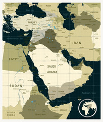 Map of Middle East and Asia Camouflage Colors with a Quadrants