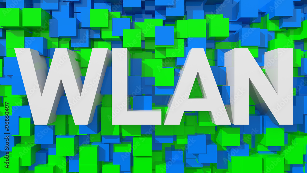 Poster extruded wlan text with blue abstract backround filled with cube