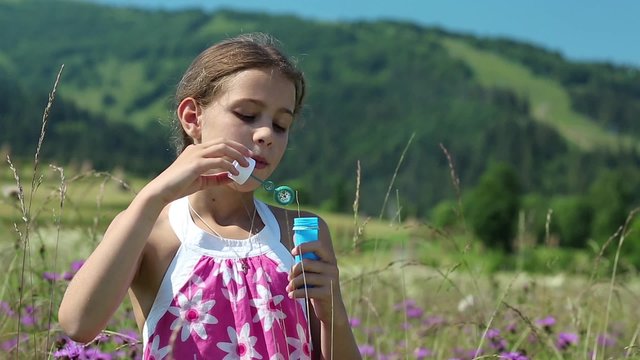 Pretty girl blowing soap bubbles on the meadow
