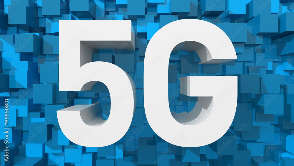 Poster extruded 5g text with blue abstract backround filled with cubes