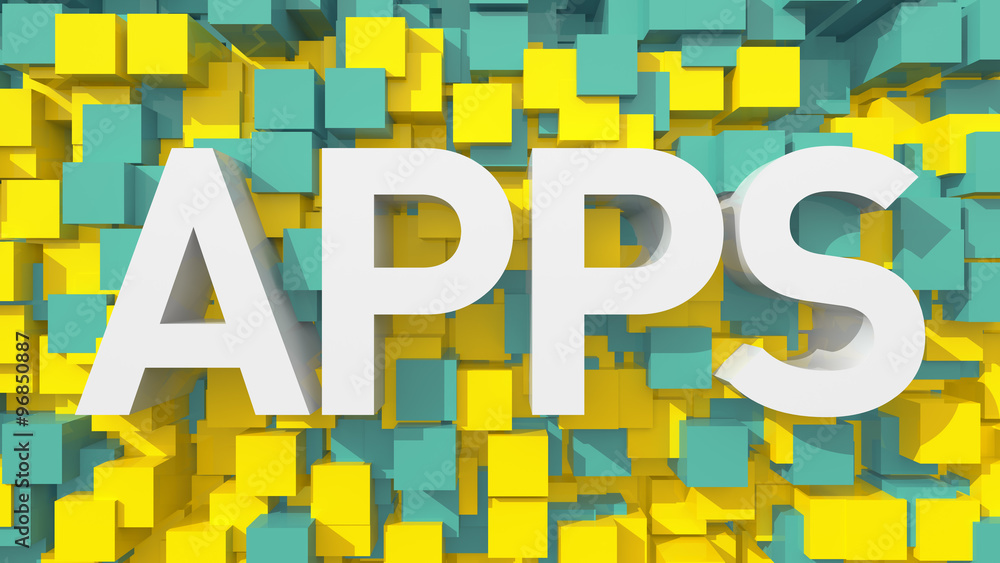 Poster extruded apps text with blue abstract backround filled with cube