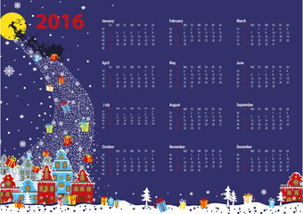 Calendar 2016.Santa coming to the city.Horizontal