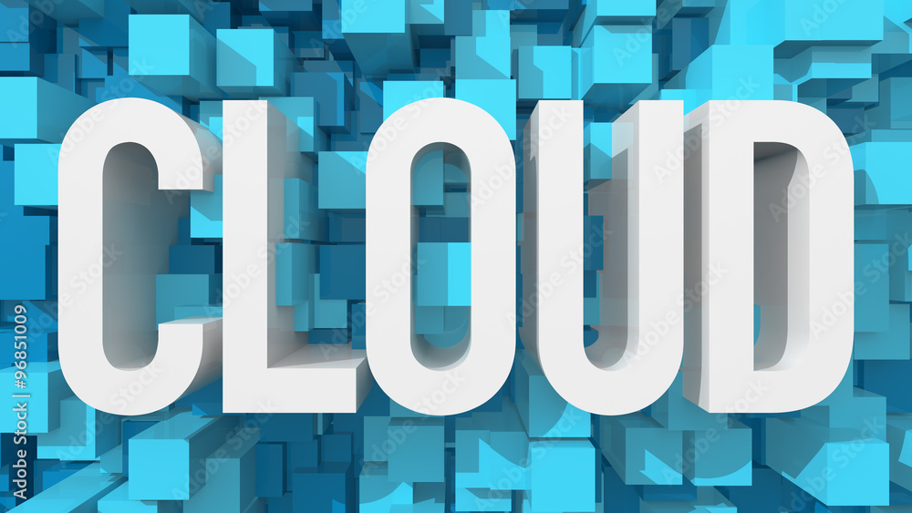 Poster extruded cloud text with blue abstract backround filled with cub