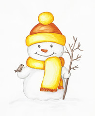 Schneemann mit Vogel