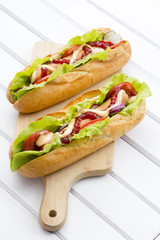 hot dogs on a wooden table