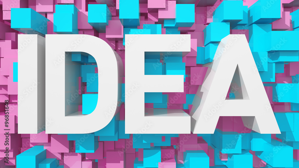 Poster extruded idea text with blue abstract backround filled with cube