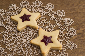 Star shaped jam and butter cookies, christmas