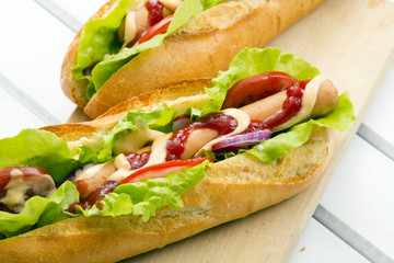 hot dogs on a wooden table