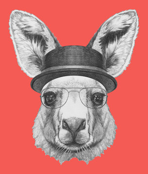 Portrait of Kangaroo with hat and glasses. Hand drawn illustration.