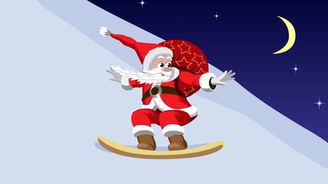 Santa Claus carrying a bag of gifts on a snowboard. 2D computer animation