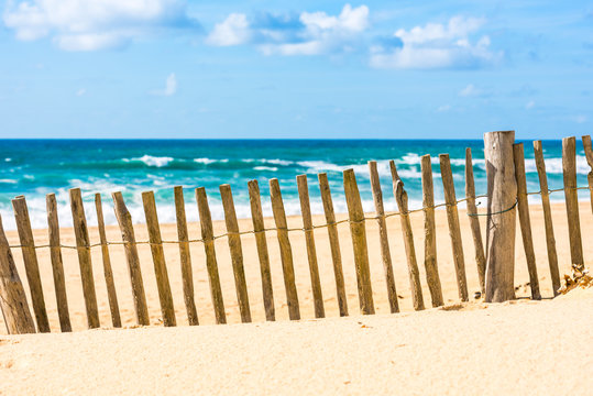 Fototapeta Wooden fence on an Atlantic beach in France