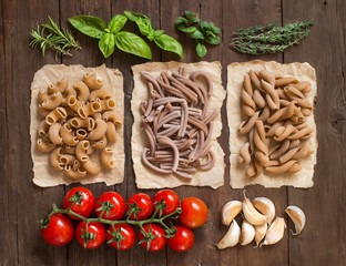 Whole wheat  pasta, vegetables,  herbs and olive oil