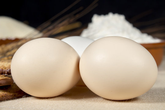 Chicken eggs in front of wheat spikes and pottery bowls with pastry flour and breadcrumbs: Confectionery.