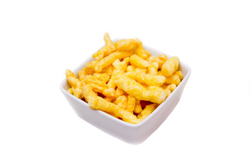 Snack corn cheese in square bowl on a white background