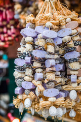 traditional christmas market decoration, kiosk full of flavoured soaps