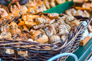 traditional christmas market decoration, kiosk full of decorated poppy heads