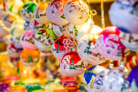traditional christmas market decoration, kiosk full of decorated balls